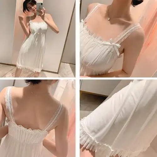 仙女抹胸吊带白色睡裙女夏小性感冰丝蕾丝宫廷莫代尔睡衣带胸垫