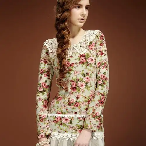 春装下摆蕾丝复古碎花连衣裙