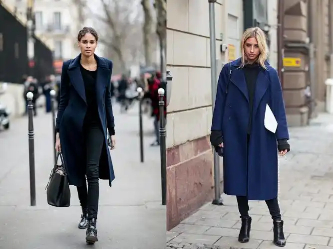 除了裤装搭配藏蓝色呢子大衣, 面料更轻薄的连衣裙内搭会让整体风格更