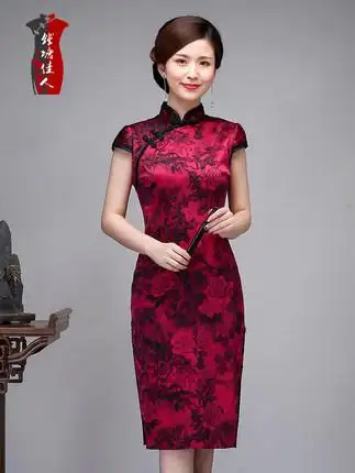 钱塘佳人春夏复古风高档真丝旗袍中长款中国风时尚红色旗袍连衣裙
