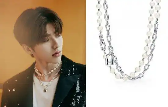 蔡徐坤佩戴tiffany hardwear系列白金珍珠项链