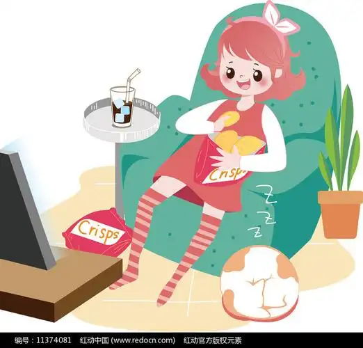 女孩吃零食追剧插画