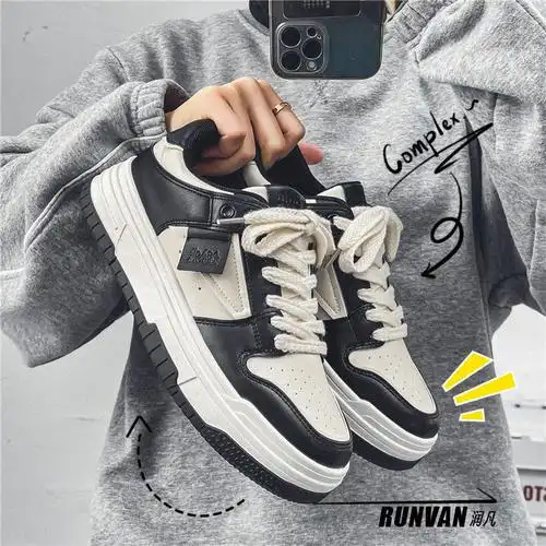 春季板鞋男款休闲潮鞋潮牌黑白熊猫小众设计感滑板鞋厚底鞋子男鞋