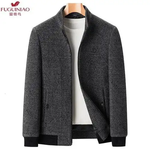 guiniao冬季男士加绒加厚毛呢夹克中年休闲40岁男装爸爸冬装外套上衣