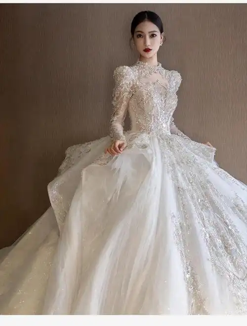 菁和法式婚纱2021新款长袖质感主纱结婚高端超秋千坠齐地s