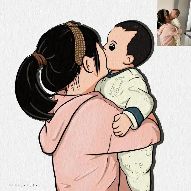 姐弟情深的两小只.宝妈学画画#手绘头像约稿  - 抖音