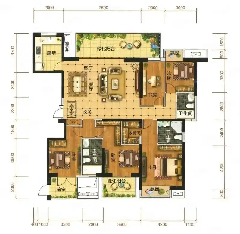 200平米观景大平层户型,采用三连大横厅,格局优化极其舒适