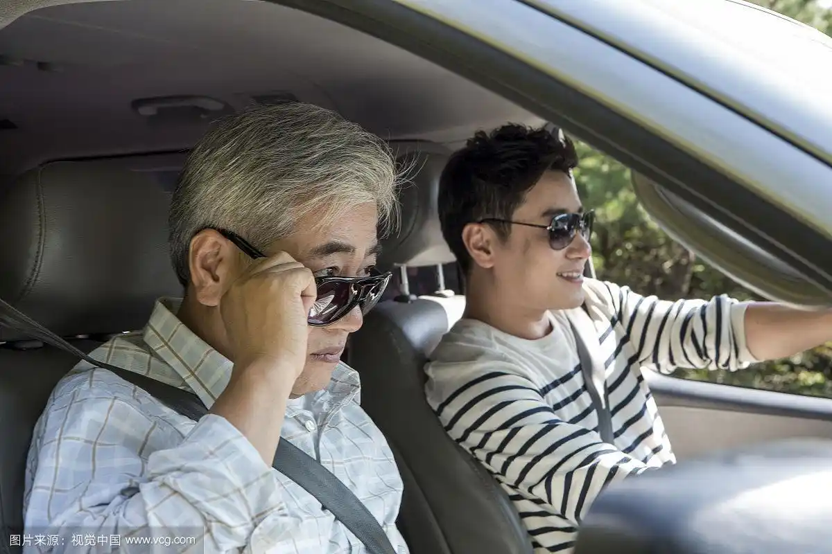 两个男人戴着墨镜开车的照片