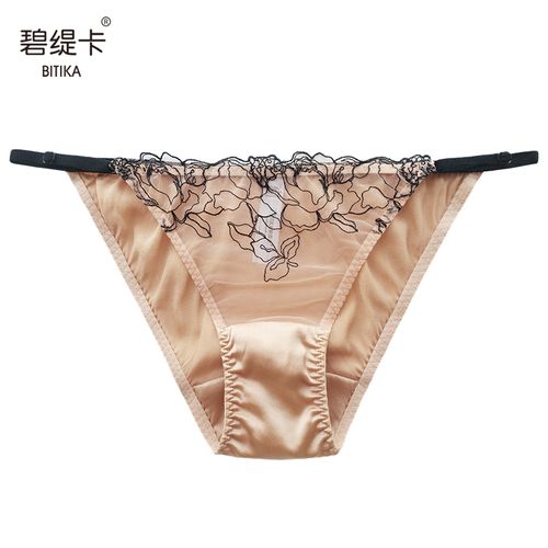 桑蚕丝低腰女士内裤 春夏透明蕾丝裤头 轻奢性感细带丝绸三角裤女