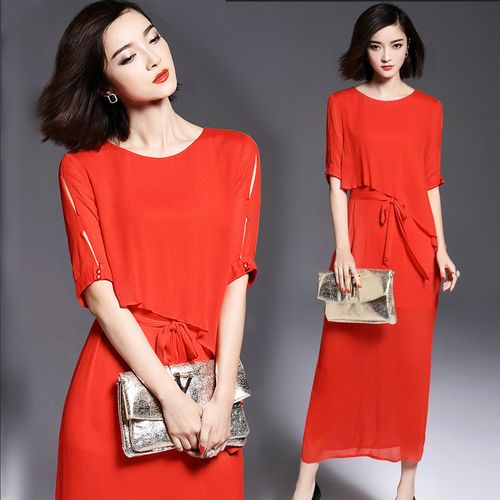 夏装新款欧美时尚修身圆领假两件真丝桑蚕丝连衣裙中长款开叉长裙