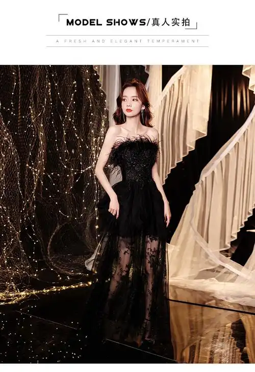 黑色晚礼服裙轻奢小众高端名媛抹胸生日派对宴会2021新款秋季 (1)