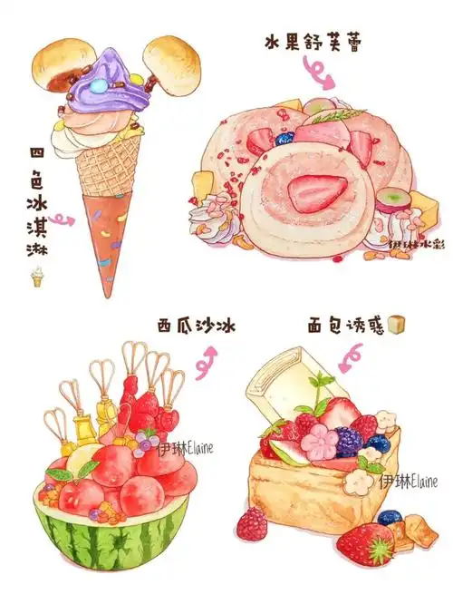 淡彩水彩甜品下午茶小合集