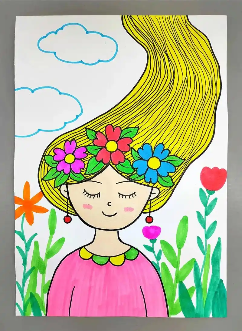 一起来画《美丽的春姑娘》,简单好看,快来试试吧!#把春天妆在 - 抖音
