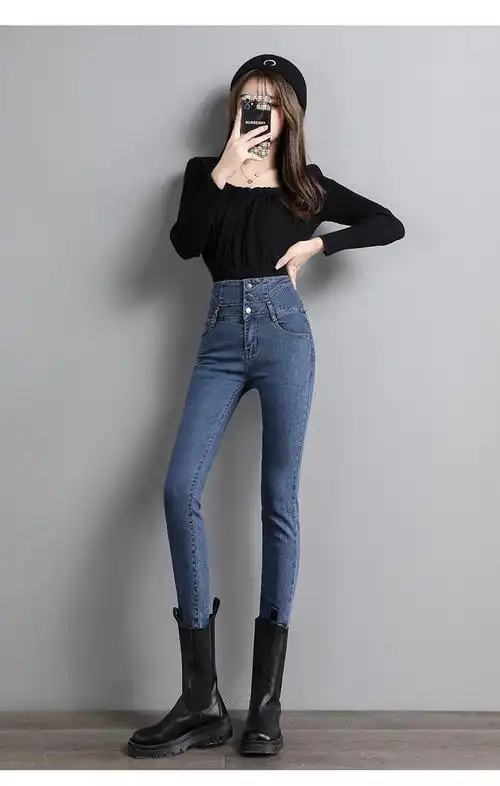 序匠高腰小脚牛仔裤女春夏季新款女装韩版修身时尚高腰排扣收腹显瘦