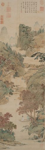 明代仇英枫溪垂钓图山水国画装饰画高清微喷复制