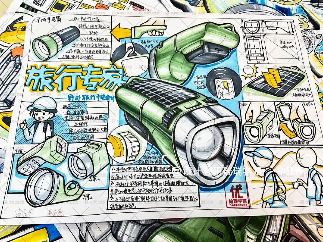 手绘快题|手电筒灯设计 手持类产品-手电筒设计 关键词:材质 外形