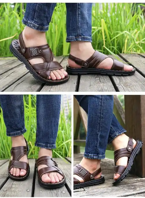 夏季老头海滩防水凉鞋男老人家穿的防滑凉拖鞋男式中老年人沙滩鞋品质