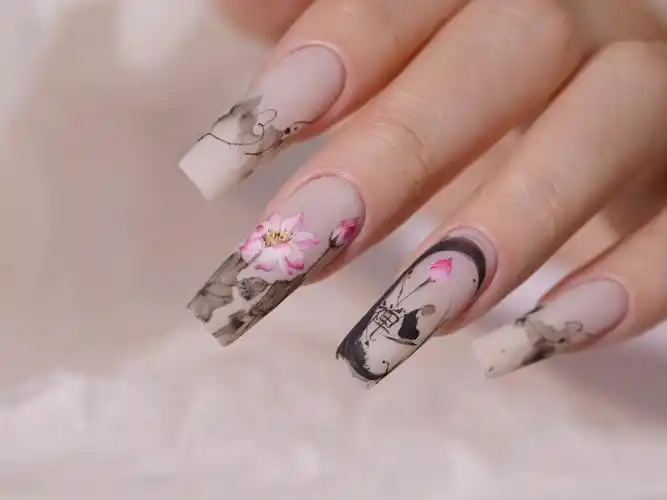 中国风手绘美甲荷花