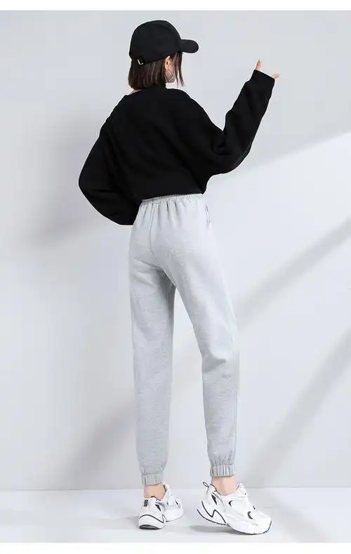 女大码宽松显瘦胖mm户外跑步哈伦裤小个子裤子高腰束脚卫裤灰色春秋不