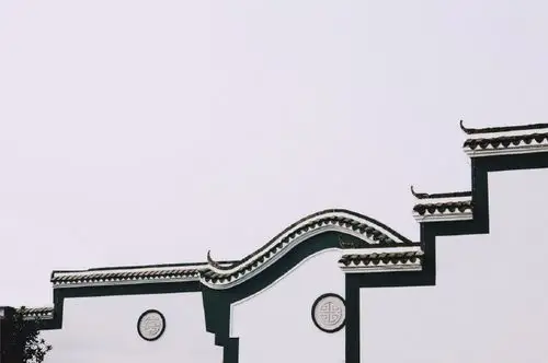 老屋白墙石粉刷青瓦檐台绿枝挂