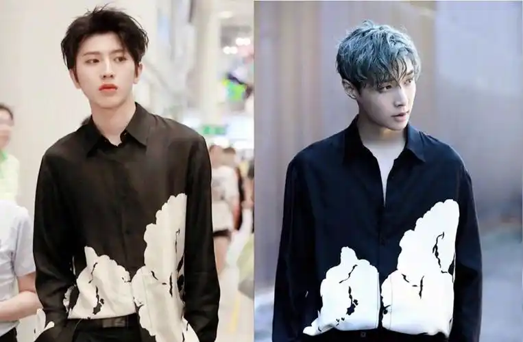 同穿黑色印花衬衫,91年张艺兴撞衫98年蔡徐坤风格差距不是一般大