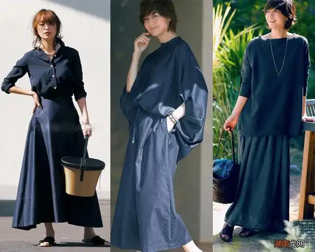 搭配同色系的a字裙或阔腿裤,全身上下的配色一致,将"藏蓝色"的美演绎