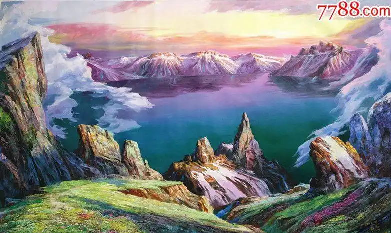 朝鲜功勋画家韩贤油画长白山天池1