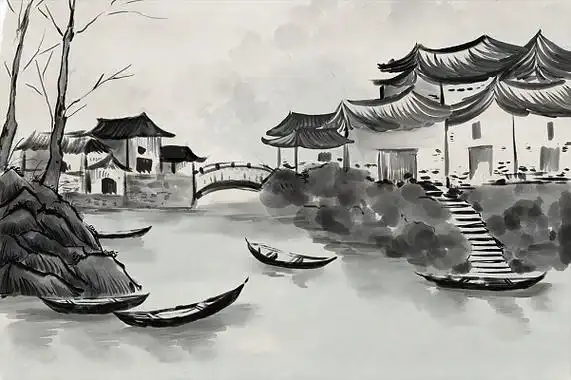 江南水乡水墨小船房屋国画插图江南水乡水墨插画