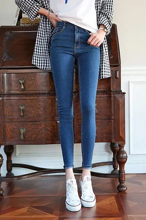 韩版复古高腰弹力牛仔小脚裤修身显瘦牛仔裤女