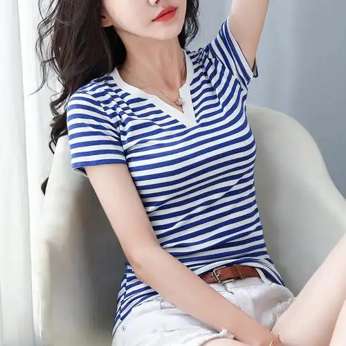 2020夏季短袖t恤女大码女装小v领条纹棉短袖t恤女打底衫纯棉上衣