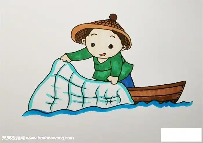 渔翁捕鱼简笔画