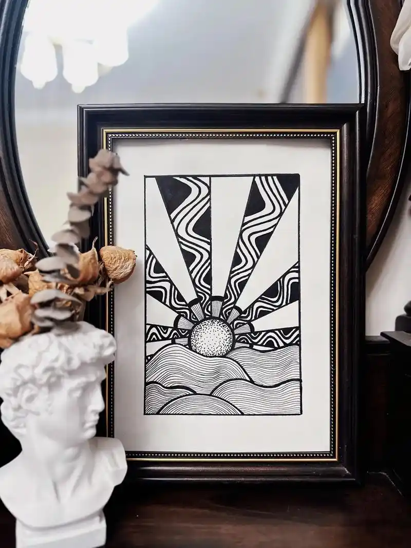 风景线描.日出之初#黑白线描画 #三大构成#画画打卡 - 抖音