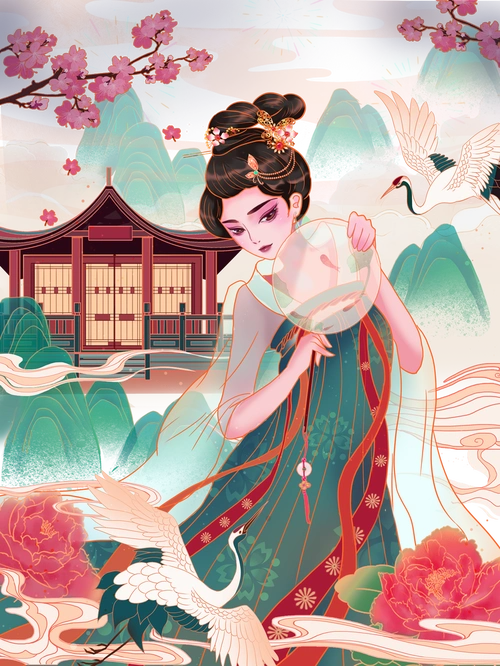 国潮汉服女子手绘亭台阁楼祥云山