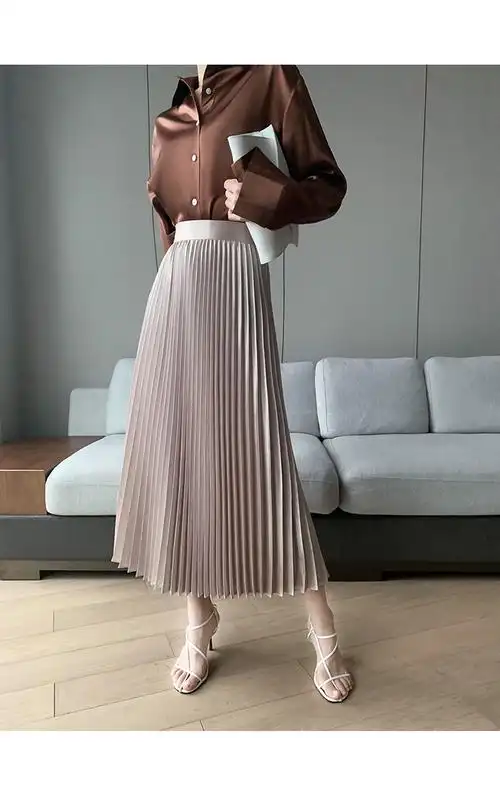 高端醋酸秋款中长款百褶裙女新款设计感百褶半裙秋冬黑色半身裙