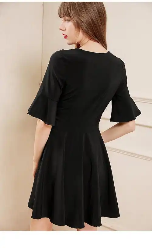 lachata 2019夏新款连衣裙优雅v领收腰显瘦荷叶边女裙 黑色 m