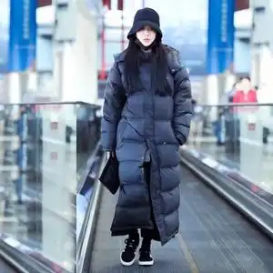 高端精品秋冬新款刘诗诗明星同款黑色时尚保暖连帽长款羽绒服外套