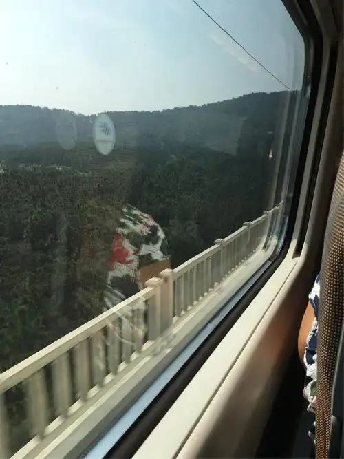 从威海向烟台行驶的高铁动车,坐在动车上向窗外望去,高铁沿线处处是