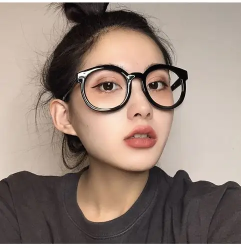 rnrn网红黑框眼镜女复古素颜粗镜框大框圆脸显瘦潮平光眼睛近视眼镜架
