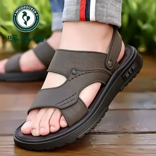 户外开车休闲防滑厚底沙滩鞋男款男中老年凉拖夏季啄木鸟真皮凉鞋