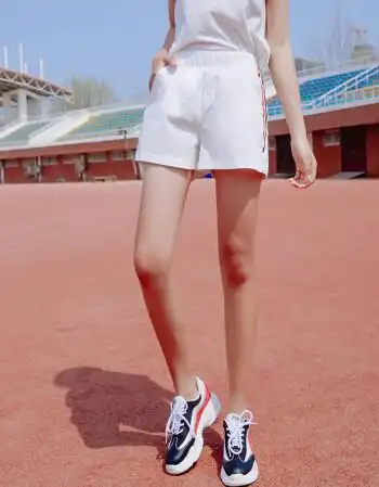 高腰休闲运动短裤女夏2018新款韩版宽松学生跑步百搭白色阔腿热裤 白