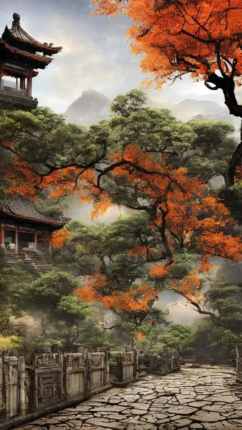 人间忽晚,山河已秋##治愈系风景壁纸 #ai绘图 #古风风景 - 抖音