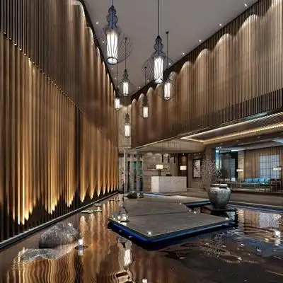 新中式大堂水景3d模型【id:427976271】