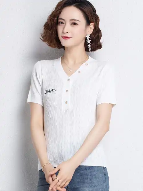 短袖鸡心针织衫冰丝上衣领上心领女士新款妈妈t恤