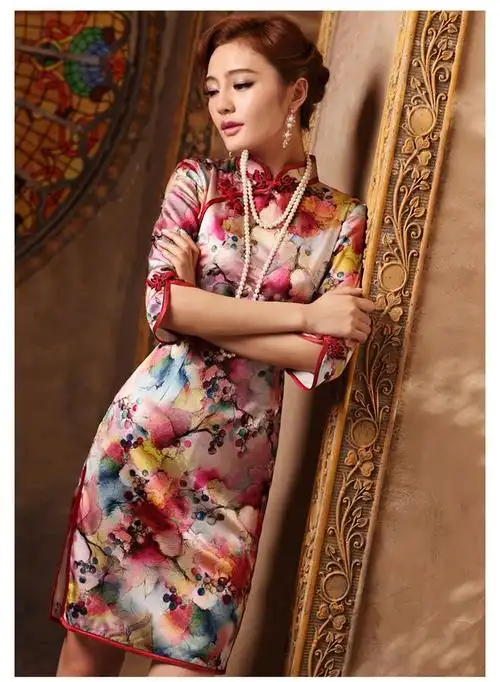 婉天香 优雅七分袖真丝旗袍秋冬款 高开叉桑蚕丝中袖旗袍连衣裙-tmall