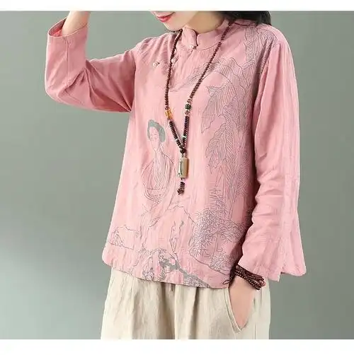 21春夏新款印花太极服女棉麻时尚长袖中国风晨练服斜襟复古上衣粉色l