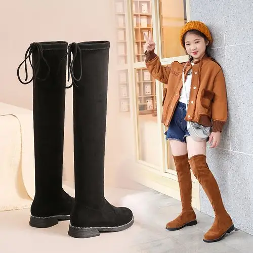 女童靴子2019新款秋冬季时尚儿童长靴过膝弹力靴加绒小公主高筒靴