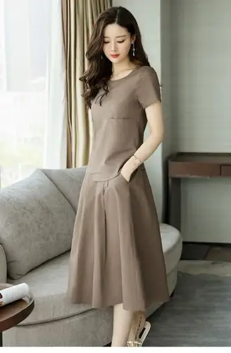中年妈妈亚麻连衣裙棉麻中长款2020春夏季新款女装宽松套装裙子两件套