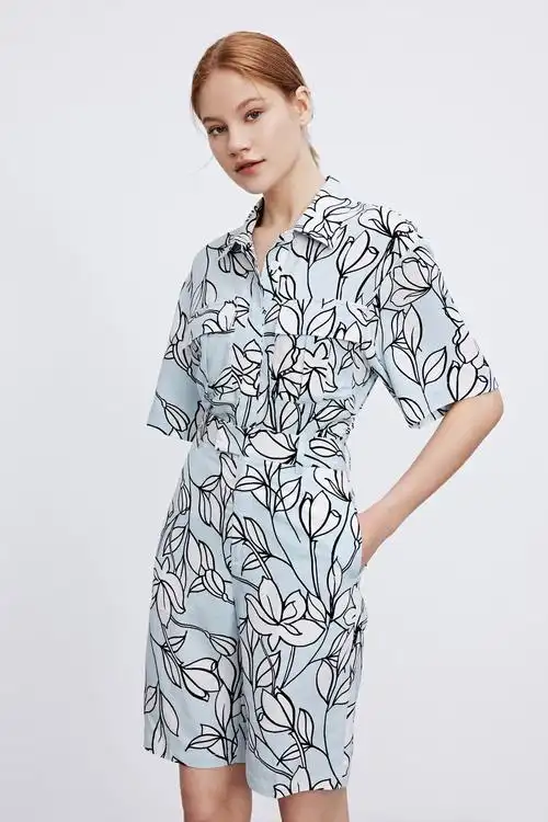 ur2021春夏新品女装时尚气质花卉图案收腰开襟衬衫wi16s2bn2000 蓝色