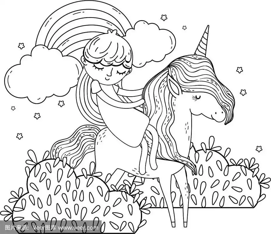 独角兽和公主在彩虹的风景里