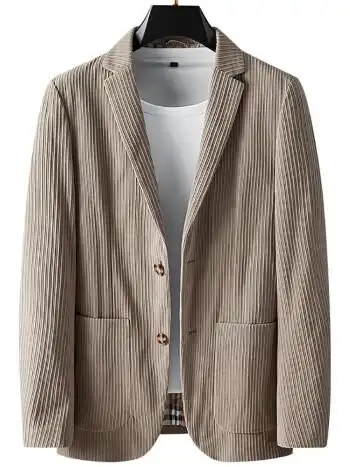 男装西服男秋季新款英伦风时尚单件上衣休闲潮流灯芯绒西装外套 米色